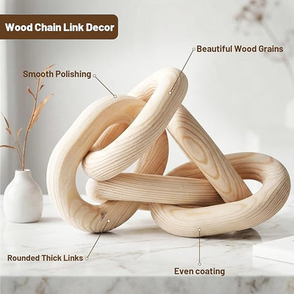 Queekay Decorative Wood Chain Link Decor Rustic 5 Link Wooden Chain Decor Ornament Farmhouse Home Decoration Hand Carved Wooden Crafts Ornaments for Coffee Table(Wood Color,13.78 Inch)