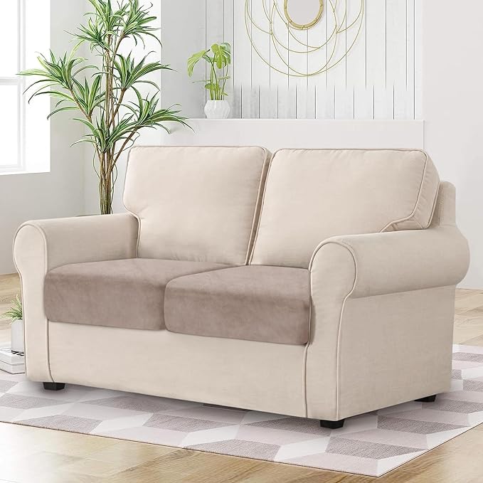 Couch Cushion Cover Velvet 2 Pieces Seat Cushion Cover Stretch LoveSeat Couch Covers Separate Sectional Sofa Slipcovers Furniture Protector (2-Seater or Backrest, Tan)