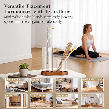 Norvy 2 in 1 Incense Holder for Sticks,Burner Holder with Storage Upside Down,Wooden Incense Burner with Glass Ash Catcher for Meditation Yoga Spa, Includes Ash Brush and 2 Storage Tubes