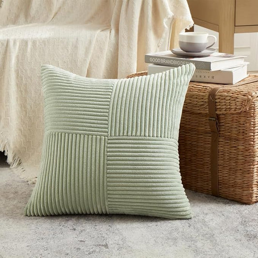 Fancy Homi 2 Packs Sage Green Samll Decorative Throw Pillow Covers 14x14 Inch with for Couch Bed Sofa, Rustic Farmhouse Boho Home Decor, Soft Corss Patchwork Corduroy Square Cushion Case 35x35 cm
