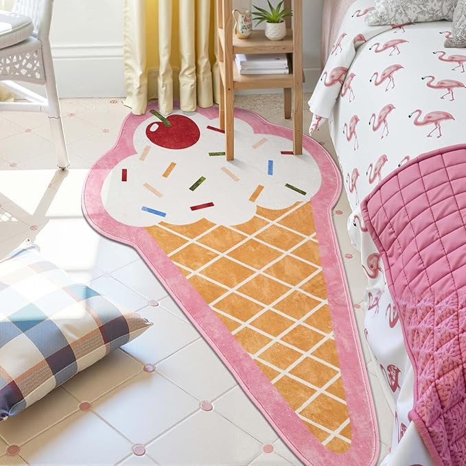 jinchan Cute Fun Rug Ice Cream Shaped Playroom Mat Washable Cone Cool Rug Soft Funny Mat Back to School Unique Lightweight Playful Funky Gift for Girls Teens Dorm Bedroom Bedside, 4x6 ft