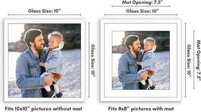 Americanflat 10x10 Picture Frame with Shatter-Resistant Glass - Use as 8x8 Frame with Mat or Display 10x10 Photo Without Mat - Streamline Collection - Square Frames for Tabletop or Wall - White