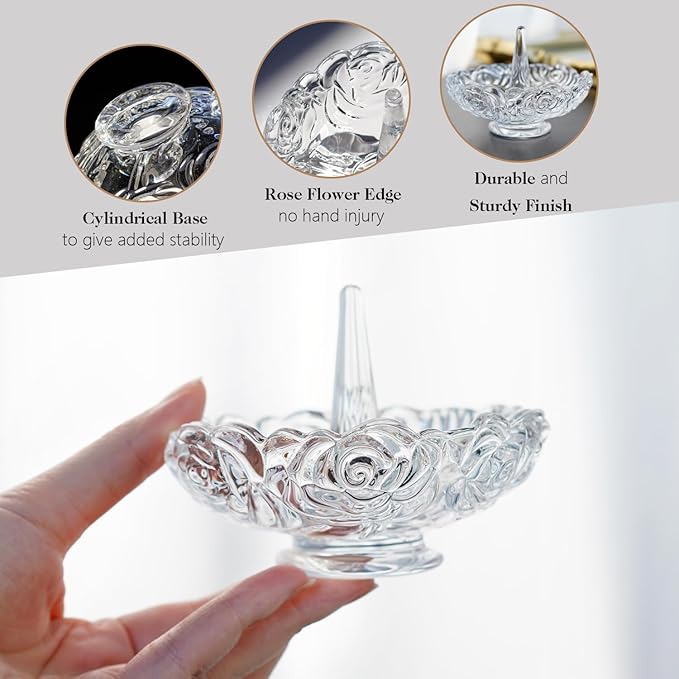 H&D HYALINE & DORA 4”Clear Crystal Ring Holder,Round Glass Ring Dish,Jewelry Rack Ring Holder for Wedding,Jewelry Display Gifts for Mom Wife Girlfriend