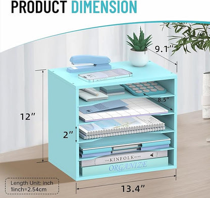 5-Tier Wood Desk Organizer, Paper Tray Organizer for Desk with Adjustable Storage Shelves, Desktop File Organization Paper Sorter Mail Holder for Office Home Classroom, Blue