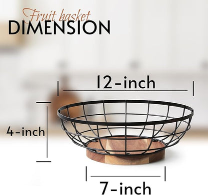 Fruit Basket,black Wire Basket with Acacia Wood Base,large Fruit Bowl for Countertop,black Baskets for Fruits, Breads, Vegetables Storage. (12-inch)