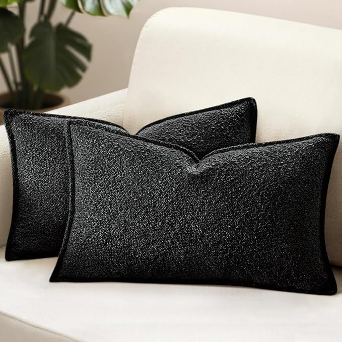 MIULEE Pack of 2 Decorative Textured Boucle Throw Pillow Covers 12x20 Inch Black Broadside Thick Boho Lumbar Pillows for Farmhouse Accents Sofa Couch Bedroom Living Room Home Decor