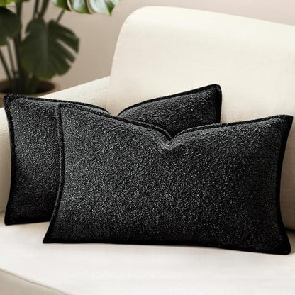 MIULEE Pack of 2 Decorative Textured Boucle Throw Pillow Covers 12x20 Inch Black Broadside Thick Boho Lumbar Pillows for Farmhouse Accents Sofa Couch Bedroom Living Room Home Decor