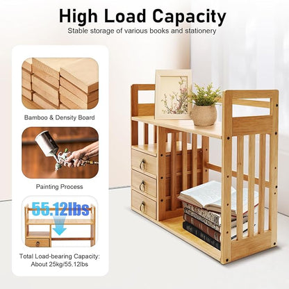 Bamboo Desk Book Shelf, Desktop Bookshelf Storage Rack with 3 Drawers, Tabletop Standing Organizer for Office, Bedroom, Dorm, Freestanding Bookcase – Wood Tone