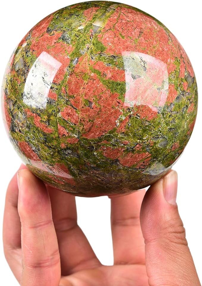 JIC Gem Large Real Crystal Ball with Decoation Stand Unakite Gemstone Sphere Ball for Meditation Energy Reiki Decoation Ball (90-100mm)