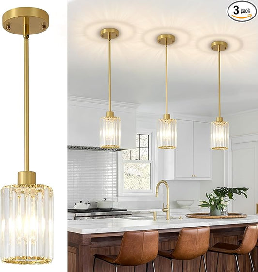 Crystal Pendant Lights, 3 Pack Brushed Gold Pendant Lights for Kitchen Island, Modern Mini Crystal Hanging Light Fixtures for Kitchen, Dining Room, Hallway, Foyer, Entryways
