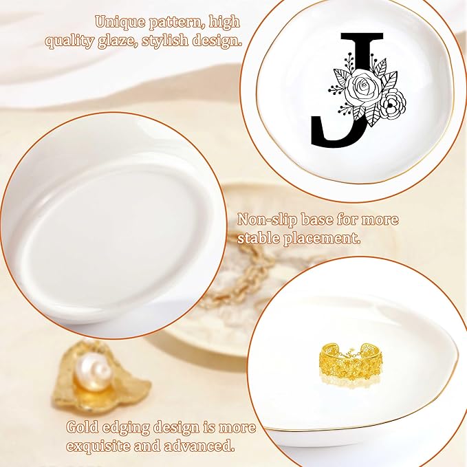 JoycuFF Initial J Ceramic Jewelry Tray, Bridesmaid Bride Gifts, Best Friend Mom Grandma Sister Engagement Birthday Gifts for Women, Trinket Dish for Rings Earrings Necklaces Bracelets Keys