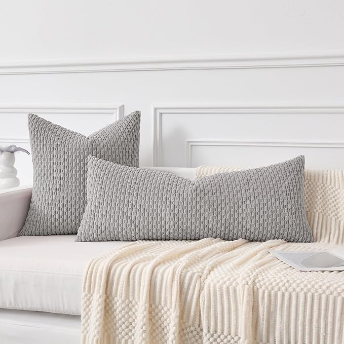 Kevin Textile 20x54 Inch Long Body Lumbar 1 Pack Boho Decorative Throw Pillow Cover Soft Striped Corduroy Rectangle Cushion Case Farmhouse Accent for Living Room Couch Sofa Bed, Light Grey