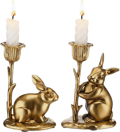 Havawish 2 Pcs Easter Bunny Taper Candle Holder Vintage Gold Bunny Decorations Rustic Candlesticks Pedestal Rabbit Centerpieces Decor for Easter Home Mantle Table