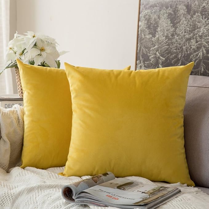 MIULEE Velvet Throw Pillow Covers 20x20 Inch, Pack of 2 - Lemon Yellow, Soft Solid Decorative Pillow Covers Cushion Cases Modern Luxury Home Decor for Spring Couch Sofa Bedroom Livingroom