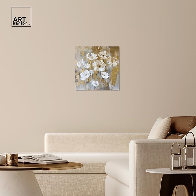 Art Remedy Golden Daisies Canvas Elegant White Gold Wall Art, Gallery Wrapped, 24" x 24"