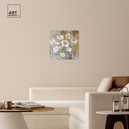 Art Remedy Golden Daisies Canvas Elegant White Gold Wall Art, Gallery Wrapped, 24" x 24"