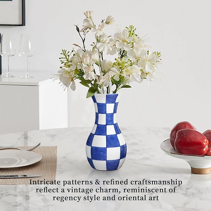 Small Blue and White Vase, 2-Pack 6 Inch Bud Ceramic Flower Vase, Retro Chinoiserie Vases for Fresh Dried Silk Flower Decor Side Table Living Room Bookshelf Antique Grand Millennial - Plain Glazed