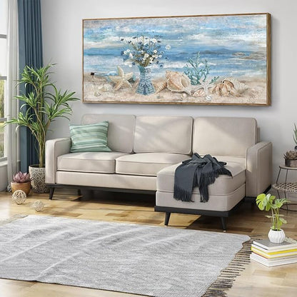 Nicetop Extra Large Framed Canvas Wall Art for Living Room Blue Ocean Theme Seascape Painting Beach Daisy Flower in Vase Coastal Landscape Calm Seaside Artwork for Sea Lake Bedroom Office 32x71inch
