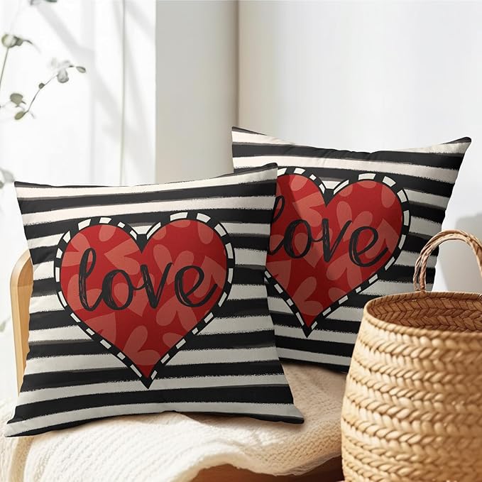Valentines Day Pillow Covers 24x24 Set of 2 Black Red Heart Throw Pillow Covers Striped Love Pillowcase Linen Decoration Farmhouse Holiday Cozy Soft Cushion Case Couch for Indoor Outdoor Home Decor