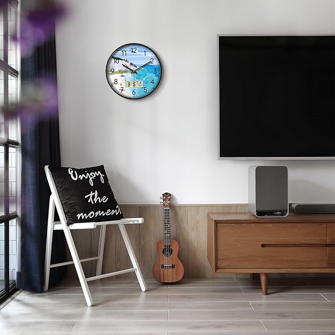 Silent Wall Clock with Temperature Day and Date Blue Mountain and Sea Beach Non-ticking Kitchen Clock Digital Large Display Battery Operated Clocks Decor for Bathroom Living Room Office 14 Inch