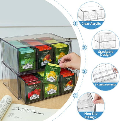 2 Large Acrylic Tea Bag Organizer, 9 Grids Tea Organizers and Storage with Acrylic Drawers Stackable, Teabag Holder Organizer for Counter Countertop Kitchen Cabinet