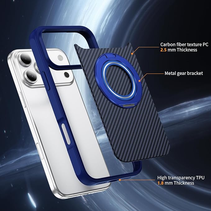 Mag-Stand Carbon Fiber Case for iPhone 17 Pro, 360° Rotate Magnetic Stand, Compatible with MagSafe, 15FT Military Protection, Slim Shockproof Magnetic Kickstand Mag Phone Case for Men Women