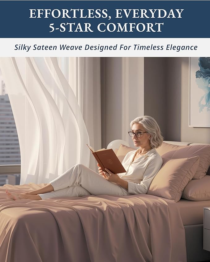 100% Egyptian Cotton Sheets Queen Size - Naturally Cooling & Breathable 4 Piece Silky Sateen Weave Queen Sheet Set, Ultra-Soft & Durable Hotel Luxury Sheets with 15" Snug Fit Deep Pockets - Sepia Rose