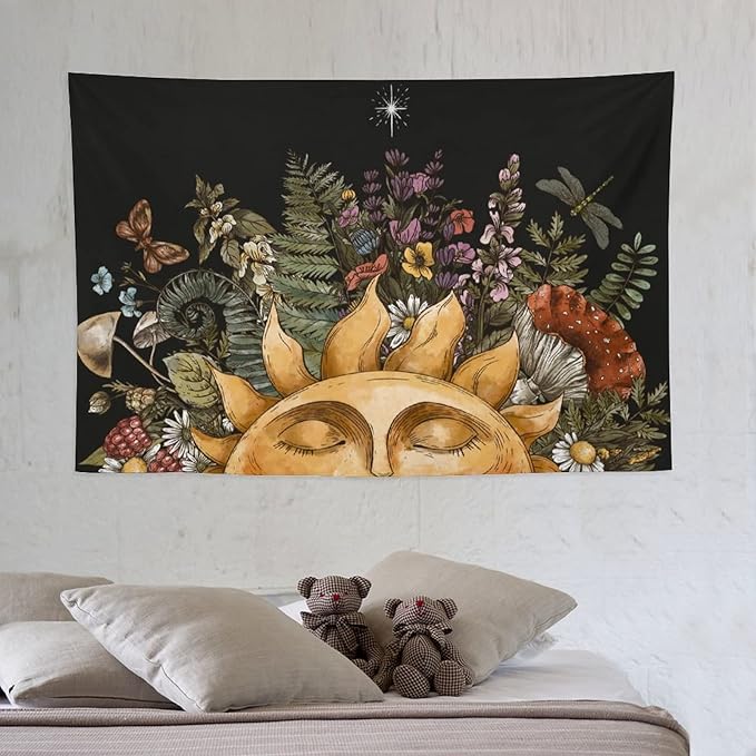 Vintage Sun Tapestry Wall Hanging,Hippie Boho Mushroom Floral Plant Tapestries for College Dorm Living Room Bedroom Decor(40"x60")