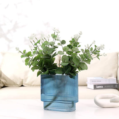 Ribbed Glass Vase, Blue Glass Vase, Fluted Short Vases for Flowers, Modern Vases for Living Room, Dining Room, Bathroom, Desk, Shelf, Wedding, Office, 7 Inches