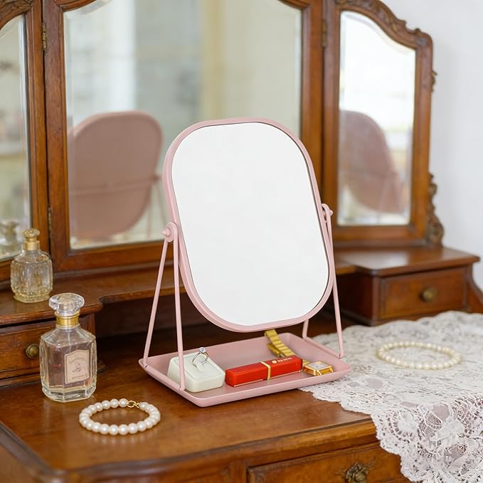 Rotating Metal Makeup Mirror with Storage, Vanity Mirror for Desk, Bathroom, Bedroom, Dressing Table (Pink)