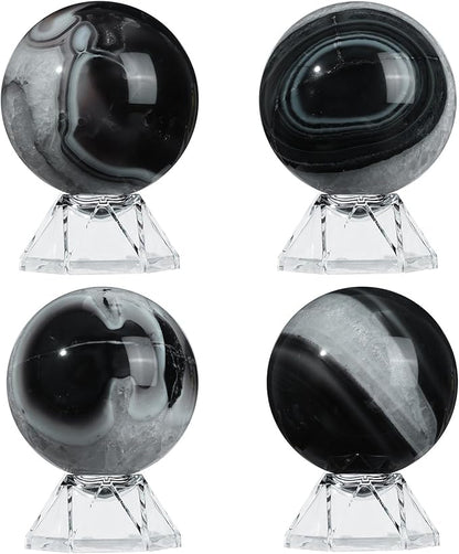 Natural Black Striped Agate Crystal Ball with Acrylic Display Base, 61-70mm Polished Stone Feng Shui Crystal Sphere Meditation Decoration for Home & Office