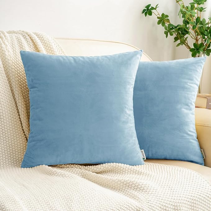 HWY 50 Light Blue Velvet Throw Pillow Covers 20x20 Inch, Pack of 2 Soft Cozy Solid Decorative Luxury Cushion Cases for Couch Sofa Bed Living Room Bedroom