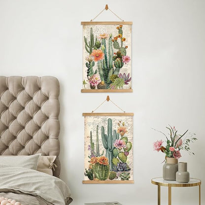 Vintage Spring Flower Poster Print, Botanical Educational Illustration, Rustic Wooden Hanger Frame, Linen Canvas Wall Art Decor, Farmhouse Cottagecore Style for Living Room Bedroom Office (16" x 23")
