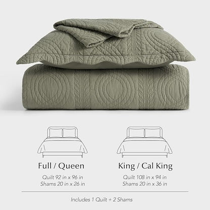 EVERGRACEHOME 100% Cotton Scallop Quilt Set, Queen Size 3 Piece Set – Lightweight Bedspread with 2 Shams, Soft Prewashed Matelasse Coverlet for Cozy and Elegant Bedding, Olive Green