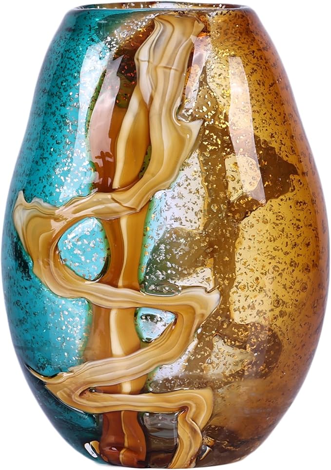 Teal Glass Vase,Hand Blown Green Flower Bulk,Murano Glass Vases,Unique Table Decor, Flowers with Decorative,Teal Vase Decor,for Bookshelf,Living Room,Office,Gift (M)