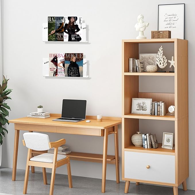 2 Pack Acrylic Magazine Holder,Clear Wall Mounted Magazine Rack Floating Bookshelf for Office,Living Room,Waiting Room Vinyl Record,Book Display Rack(Clear,17 Inch)