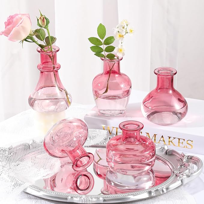 Pink Gradient Glass Bud Vase, 10Pcs/Set Modern Decorative Small Mini Flowers Vases, Minimalist Aesthetic Home Decor Vintage Wedding Table Centerpieces for Single Flower Rose