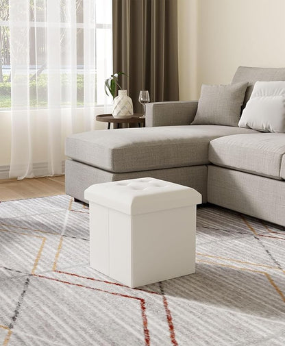 Folding Storage Ottoman Bench, Multi-Functional Ottoman Footrest, End of Bed Bench, Storage Chest for Living Room, Bedroom, Hallway, Entryway, Holds Up to 300 lbs (White, 15 Inches)