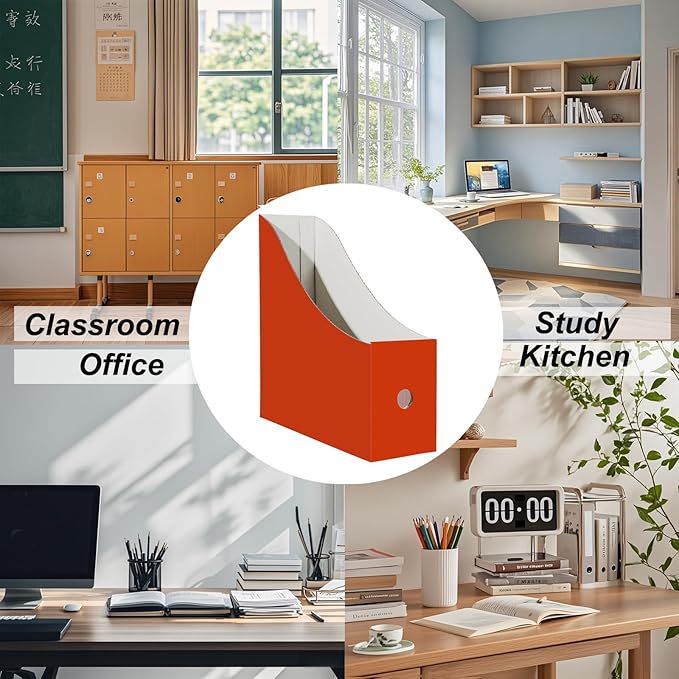 Limitliho Cardboard Magazine Holder (24 Pack), Sturdy Book Bins for Classroom, Vertical File Folder Organizer, 10.6'' 10.2'' 3.5'' Inch Magazine Rack (Orange-Red, 24 Pack)