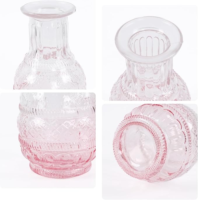 Pink Ombré Glass Bud Vase Set of 12, Vintage Embossed Mini Flower Vases for Centerpieces, Wedding, Bridal Shower, Baby Shower, Birthday Party, Decorative Small Glass Bottles for Home Decor