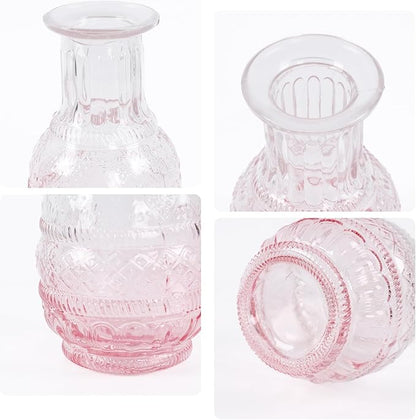 Pink Ombré Glass Bud Vase Set of 12, Vintage Embossed Mini Flower Vases for Centerpieces, Wedding, Bridal Shower, Baby Shower, Birthday Party, Decorative Small Glass Bottles for Home Decor