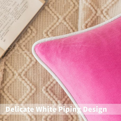 LIGICKY Set of 2 Hot Pink and White Velvet Throw Pillow Covers Modern Minimalist Style Solid Decorative White Rope Edging Soft Square Cushion Cases for Sofa Bedroom Party Décor, 18 x 18 inch