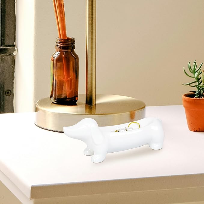 YOBRO Dachshund Ceramic Trinket Tray for Jewelry & Keys - Mini Decorative Dish, Dog Lover Gift, Engagement Ring Organizer (White)