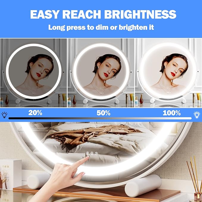 12" Round Vanity Mirror, LED Lights, Smart Touch 360°Rotation, Dimmable White