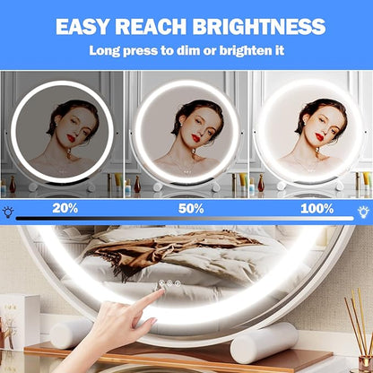 12" Round Vanity Mirror, LED Lights, Smart Touch 360°Rotation, Dimmable White