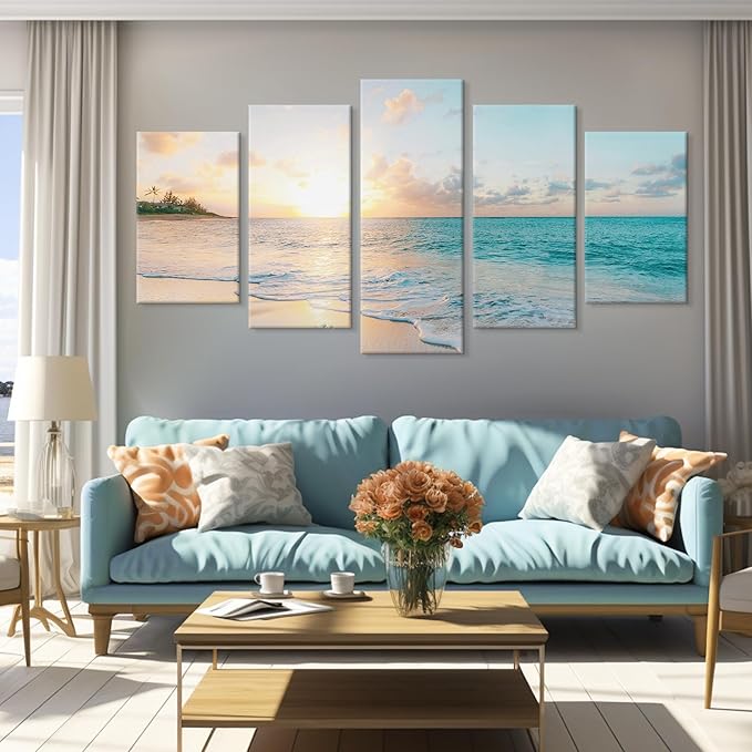 Goldfoilart 5 Pieces Beach Sunset Canvas Wall Art Blue Sea Prints Romantic Ocean Waves Pictures Painting for Living Room Bedroom Home Decorations Wall Decor Ready to Hang