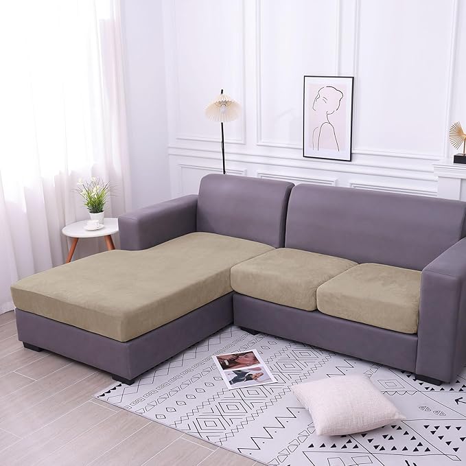 hyha Velvet Couch Cushion Covers, Stretch Chaise Lounge Sectional Couch Seat Covers L Shape for Sectional Sofa, Soft Sofa Cushion Slipcover Washable with Elastic Bottom(XL Chaise, Taupe)