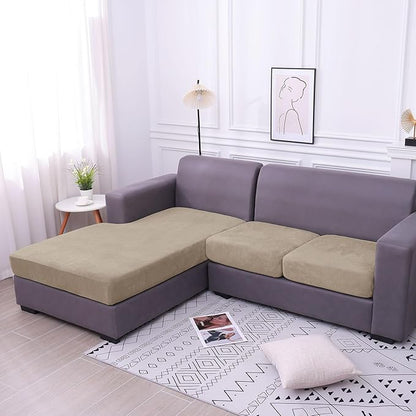 hyha Velvet Couch Cushion Covers, Stretch Chaise Lounge Sectional Couch Seat Covers L Shape for Sectional Sofa, Soft Sofa Cushion Slipcover Washable with Elastic Bottom(Chaise, Taupe)
