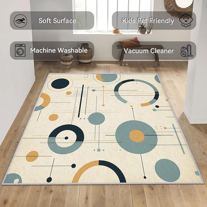 Mid Century Modern Rugs 8x10 - Mid Century Carpet, 3x4 Rug, Abstract Rug & Home Decor, Geometric Circle Area Rug & Room Decor, Washable Non Slip Anti Skid Rugs