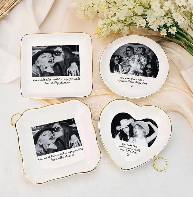 Chillever Personalized Besties Photo Ring Dish, Custom Jewelry Dish Gift for Besties, Soul Sister Trinket Gift for Long Distance Friendship Women BFF Christmas Birthday Wedding Gifts DS2